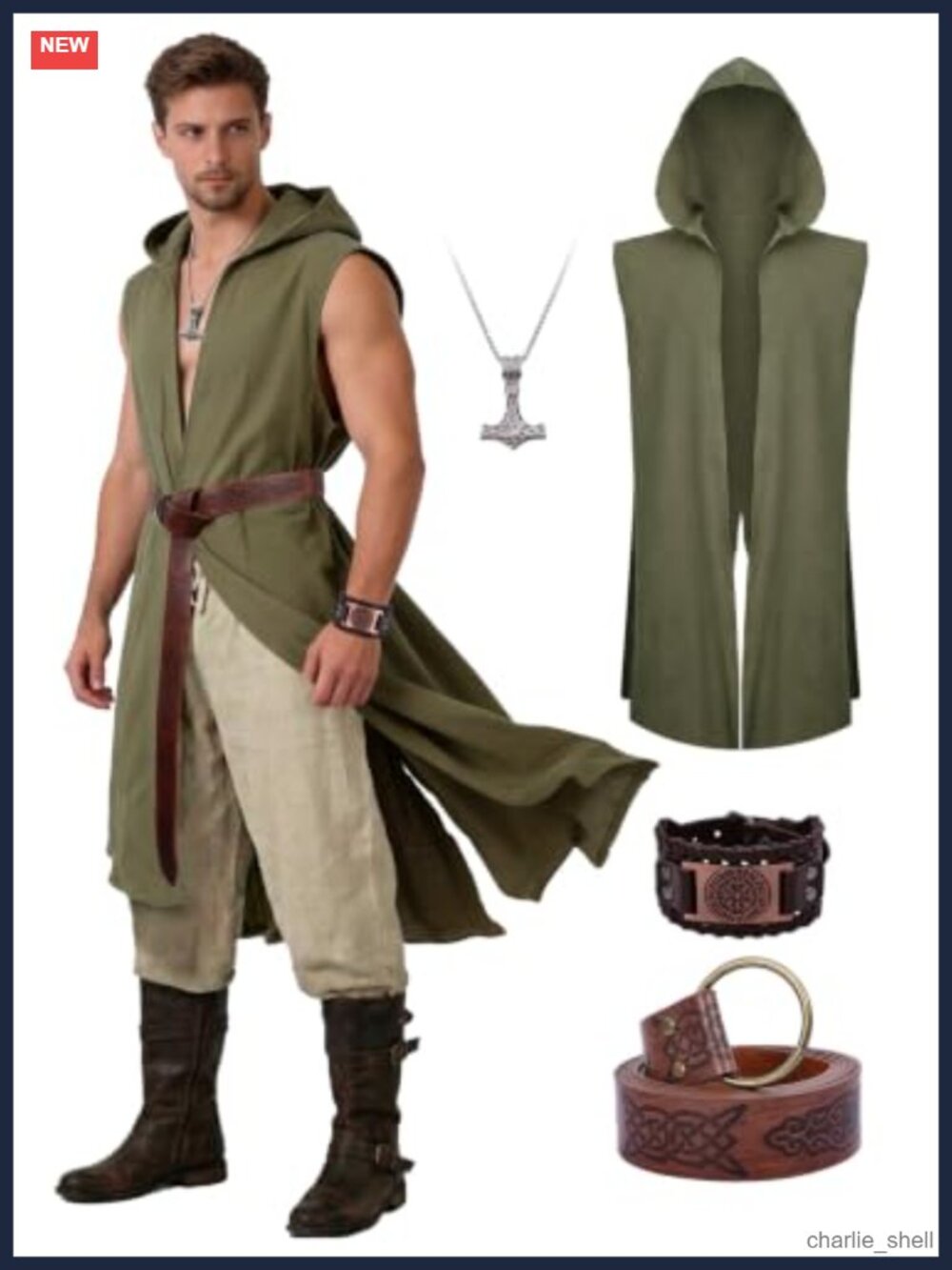 Men's Medieval Hooded Surcoat Set 4PCS Cotton Tunic Cloak Viking Belt Cosplay